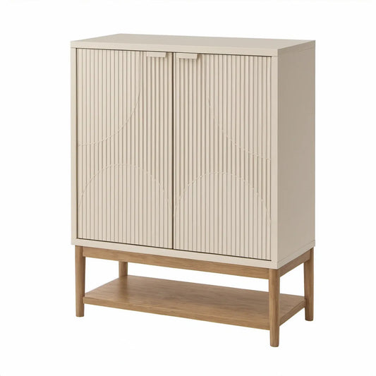 Aparador Alto de 2 Portas 80 x 40 x 120 cm em MDF e Madeira Maciça Bege-claro e Natural