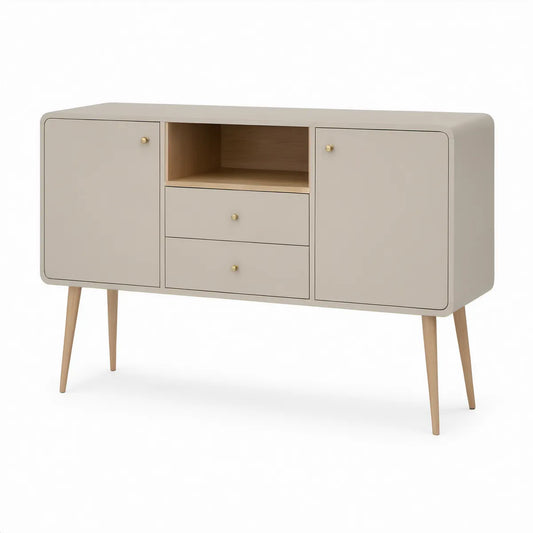 Aparador retangular em MDF bege e madeira natural, 140 x 40 x 80 cm