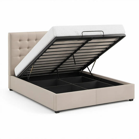 Cama com Arrumação Elevatória 160 x 200 cm em Pele Sintética PU Bege e Preto