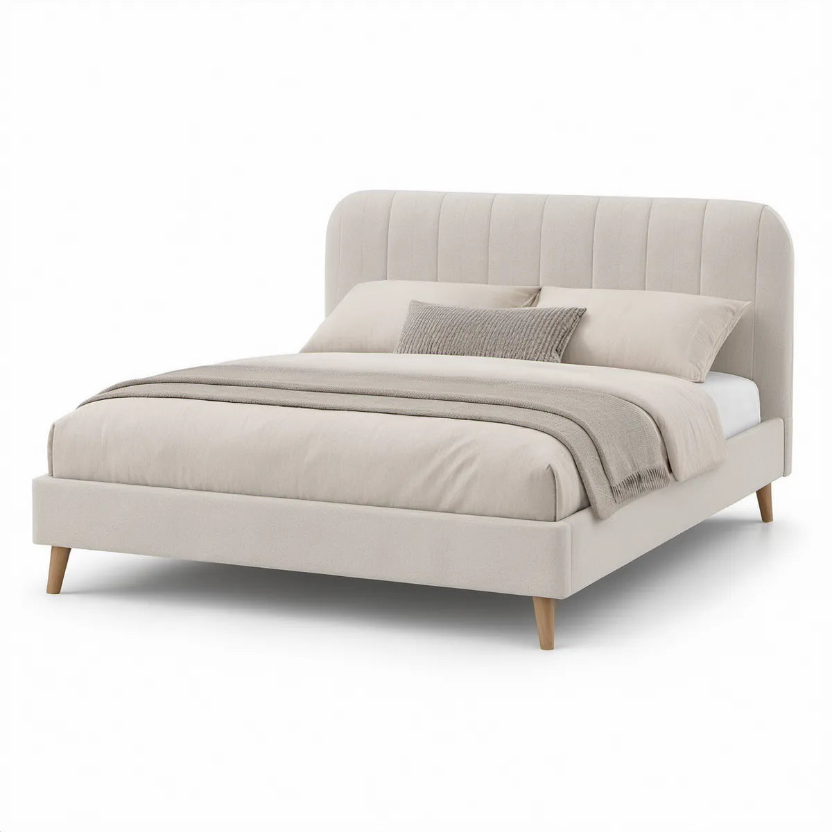 Cama de Casal Estofada Bege para Colchão 160 x 200 cm com Cabeceira Curva