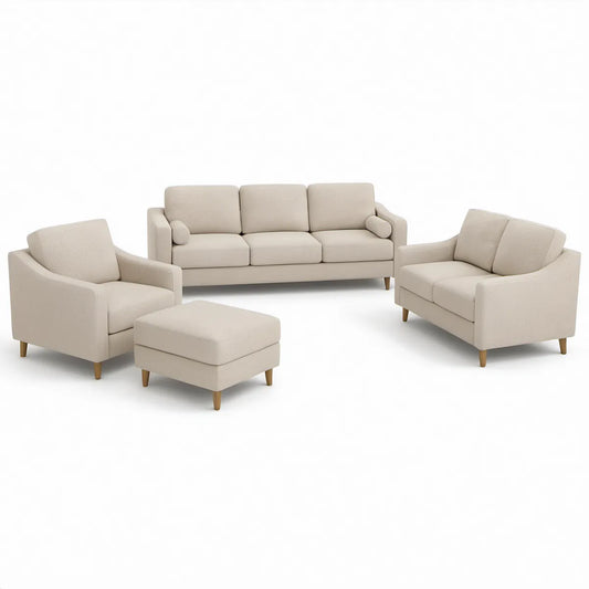 Conjunto de Sofás 3+2+1 com Pufe em Poliéster Bege, Sofá de 3 Lugares 210 x 88 x 85 cm e Pufe 75 x 60 x 43 cm